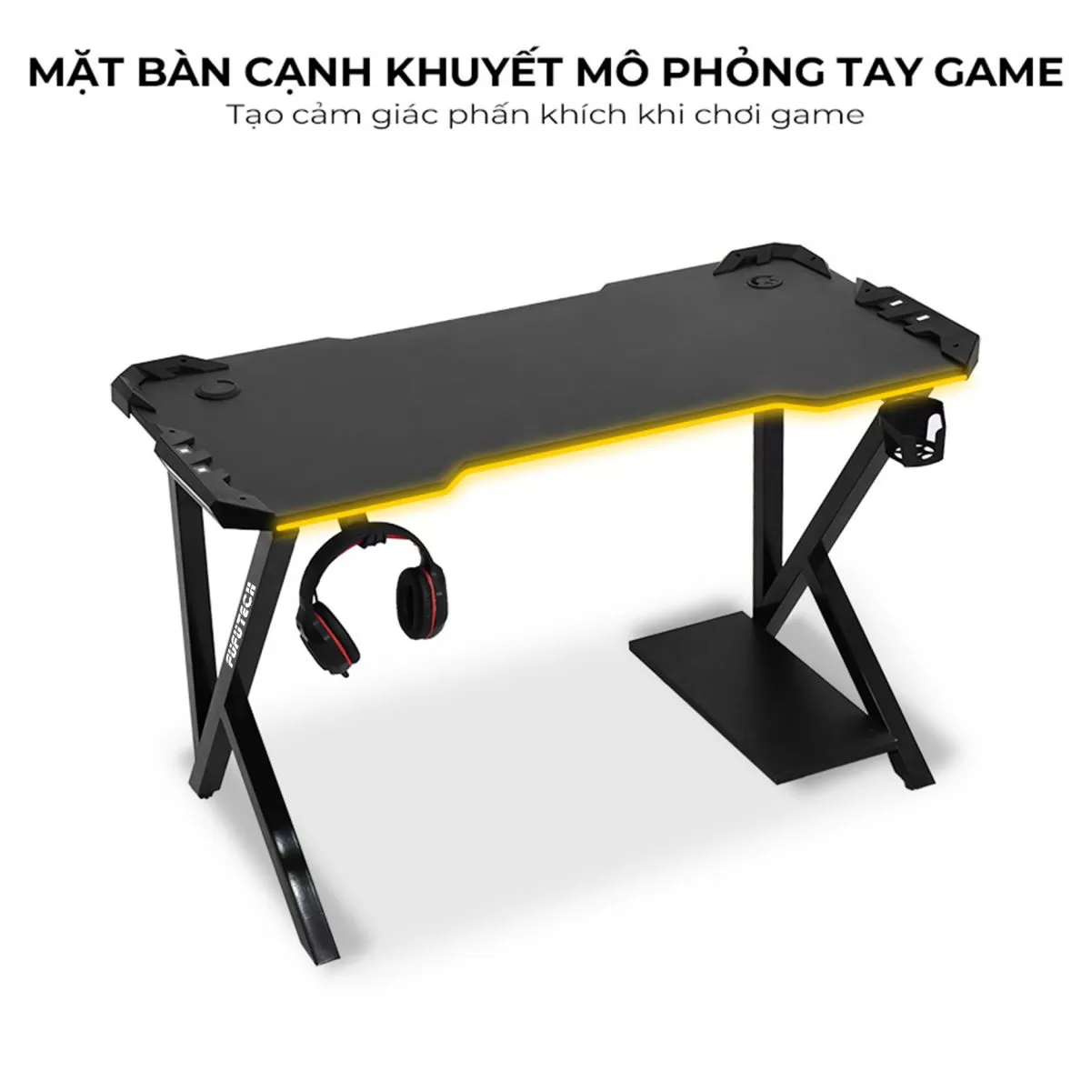 Bàn gaming Fufutech K2 Đen LED mặt bàn canh khuyết mô tả tay game