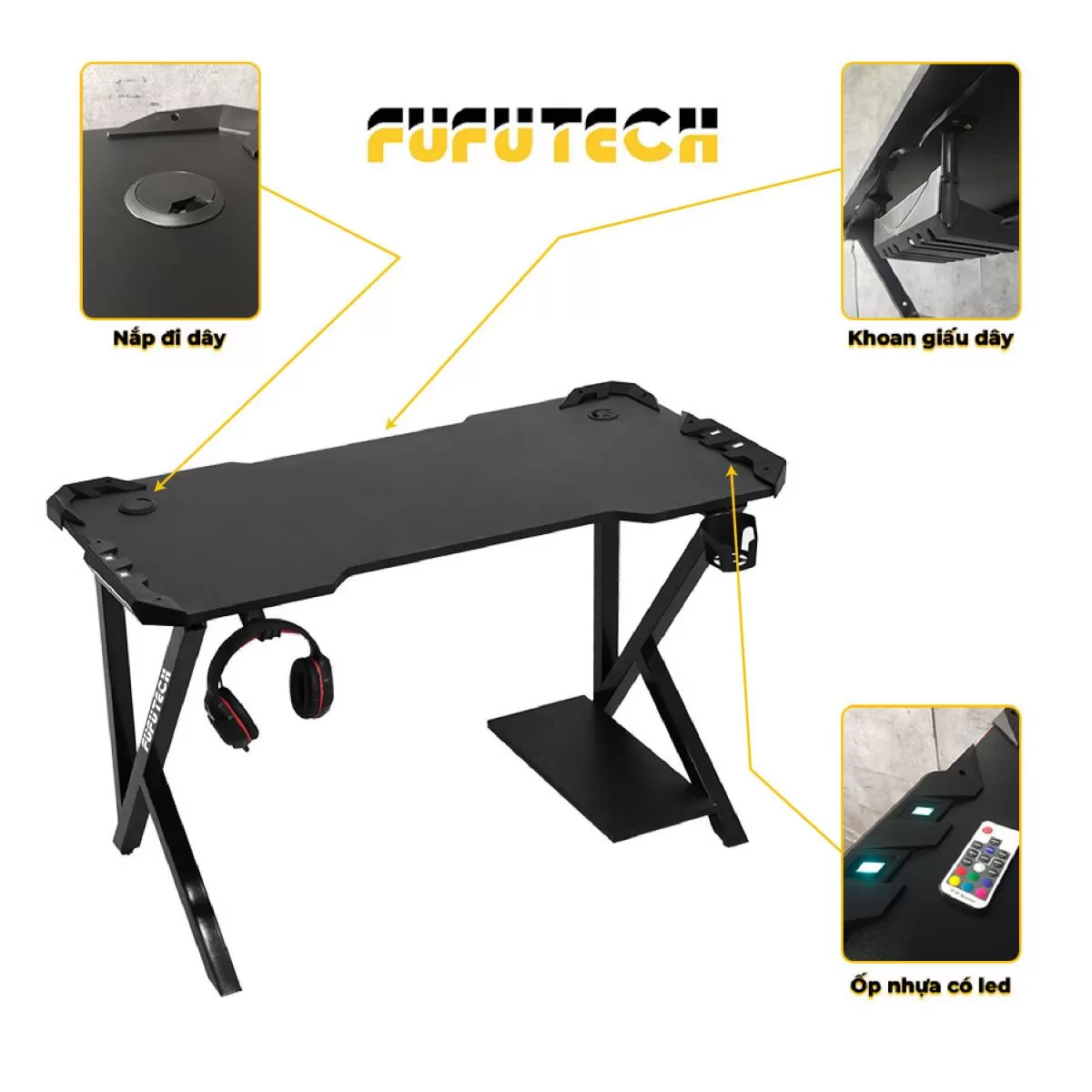 Bàn gaming Fufutech K2 Đen LED tích hợp nắp đi dây, khoan giấu dây, ốp nhựa có LED