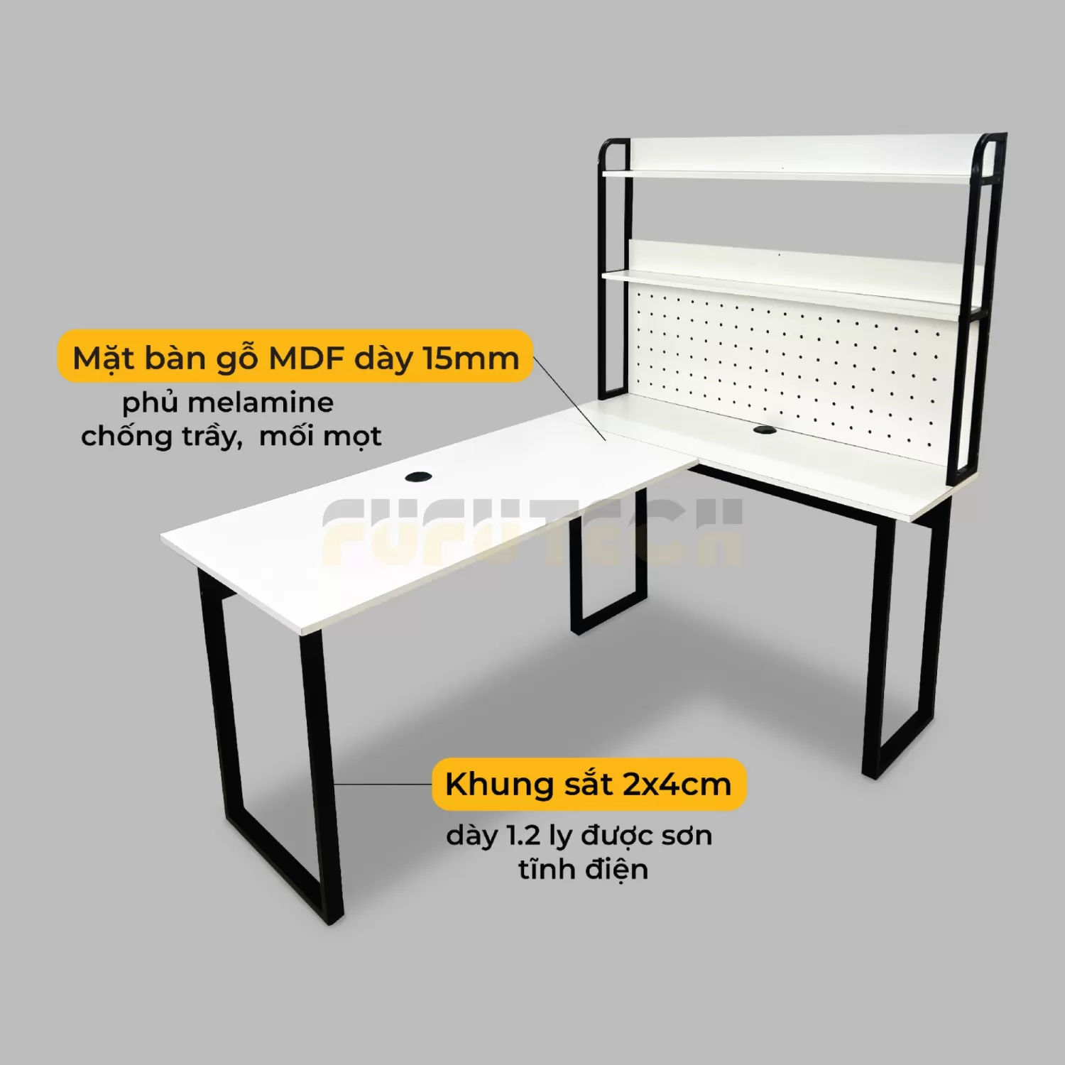 Bàn Làm Việc, Gaming Góc Chữ L Kết Hợp Bảng Pegboard Kèm Kệ Sách Fufutech