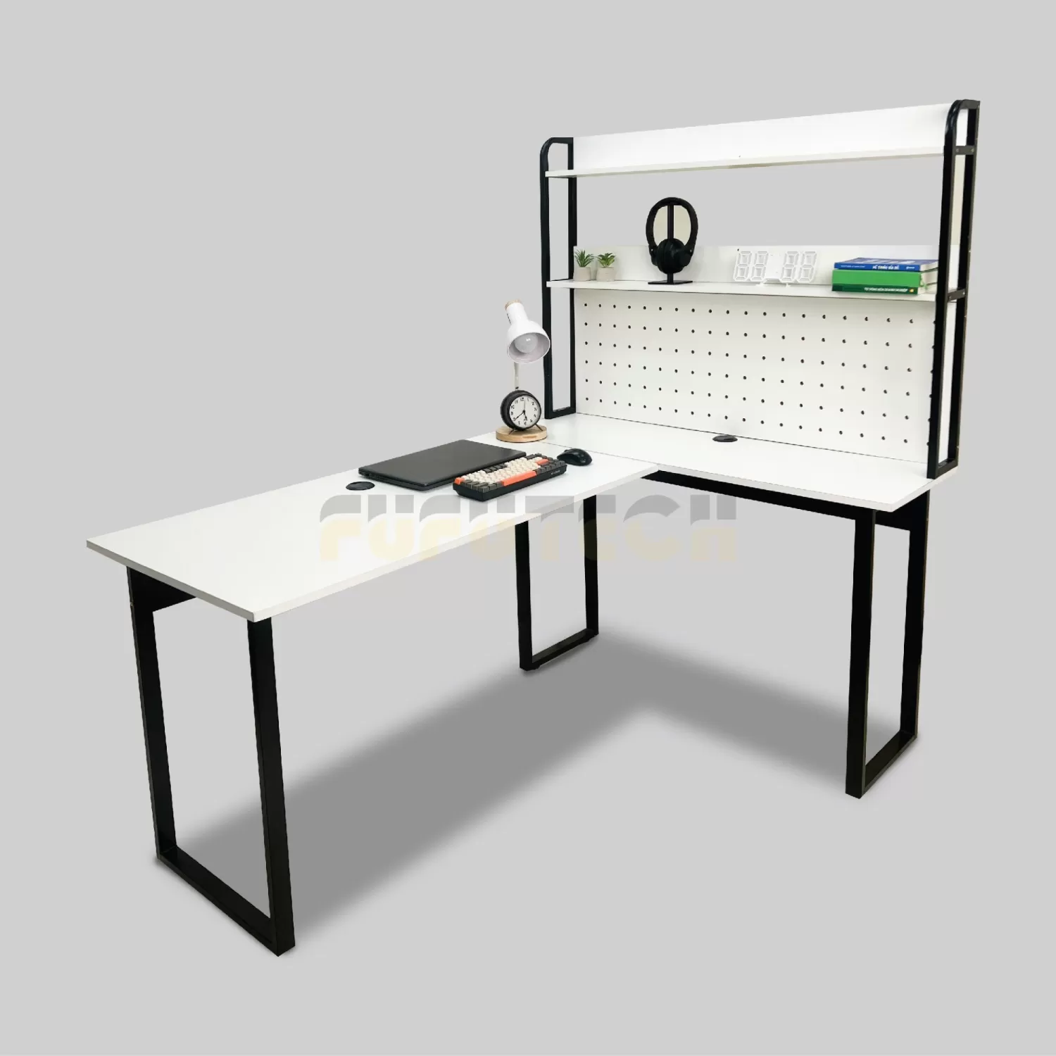 Bàn Làm Việc, Gaming Góc Chữ L Kết Hợp Bảng Pegboard Kèm Kệ Sách Fufutech