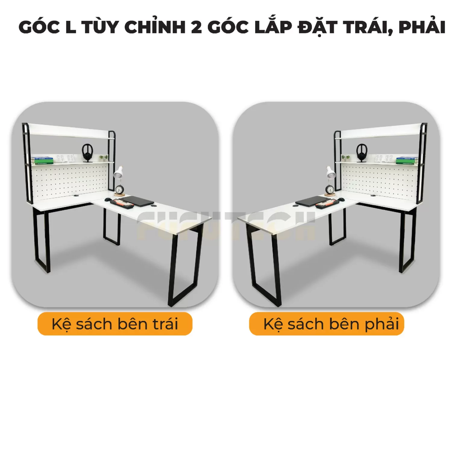 Bàn Làm Việc, Gaming Góc Chữ L Kết Hợp Bảng Pegboard Kèm Kệ Sách Fufutech