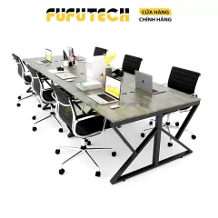 Bàn làm việc 6 người Fufutech Gỗ cao su siêu bền, phong cách Minimalist Chân chữ K