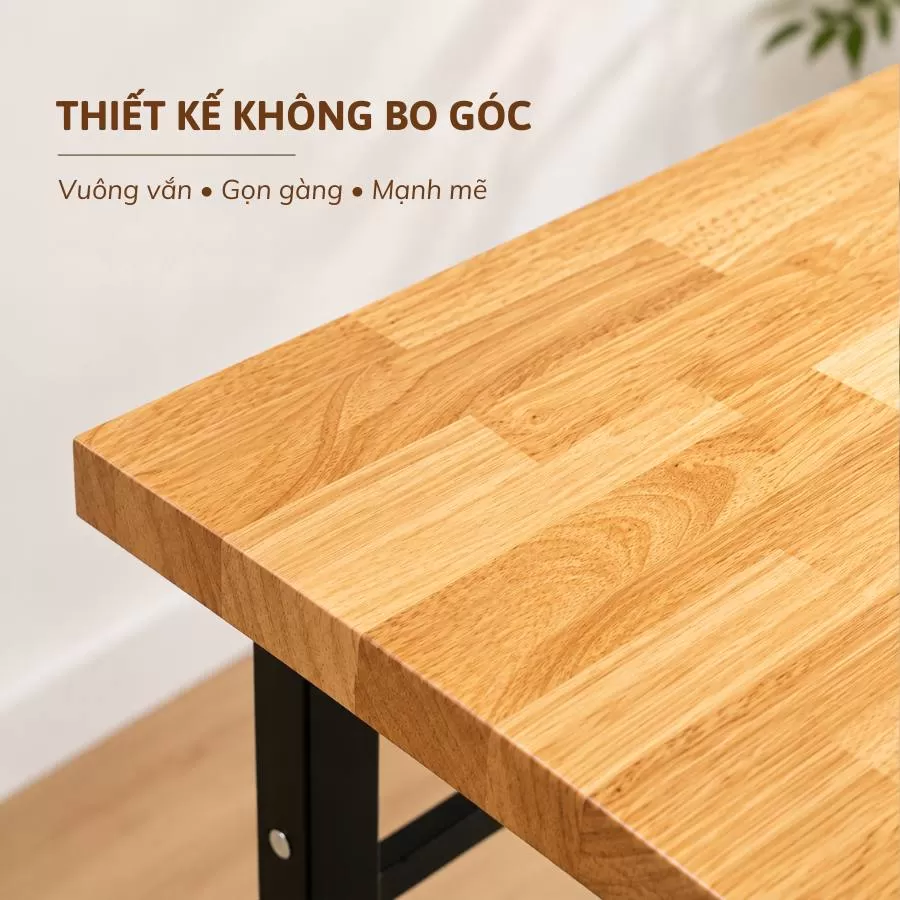 Cạnh bàn gỗ cao su chân U 80cm thiết kế không bo góc vuông vắn