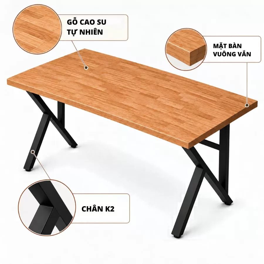 Cấu tạo bàn gỗ cao su chân K2 80cm: mặt gỗ, cạnh bàn, chân K2