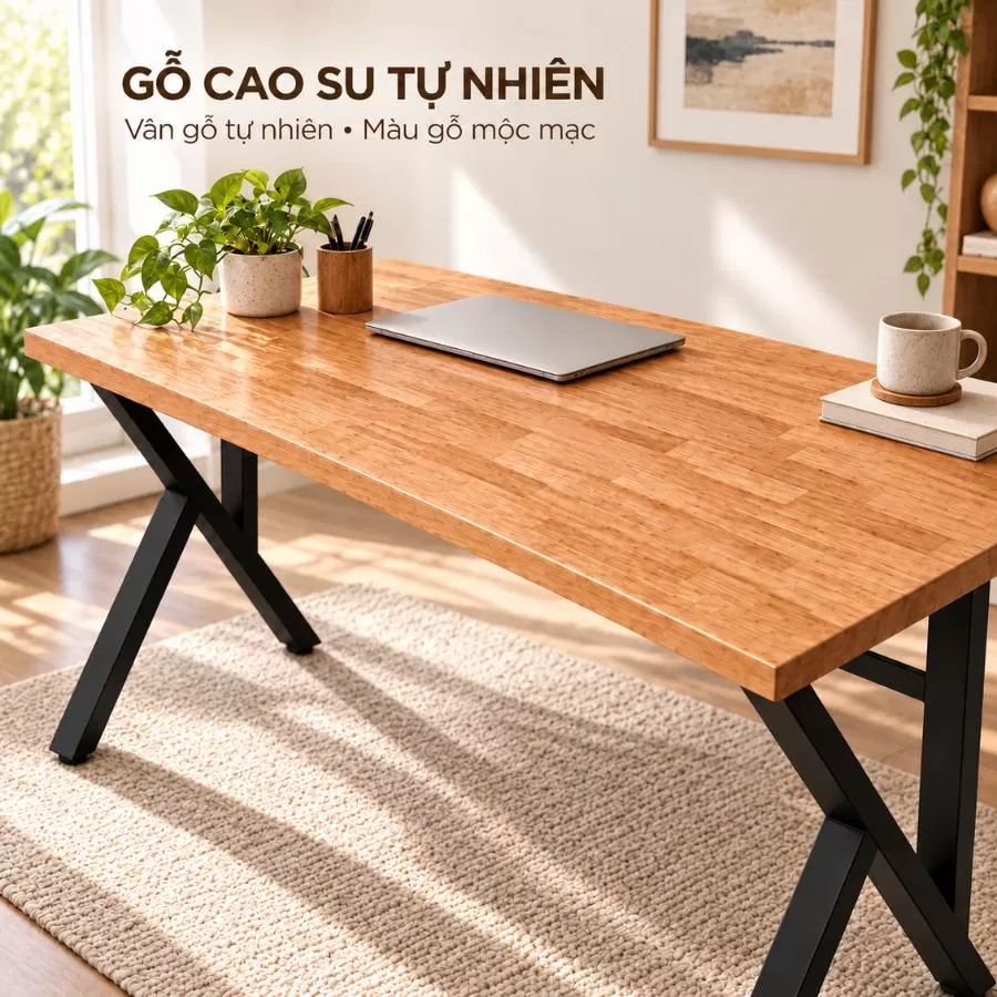 Cận mặt bàn gỗ cao su tự nhiên vân gỗ của bàn chân K2 80cm