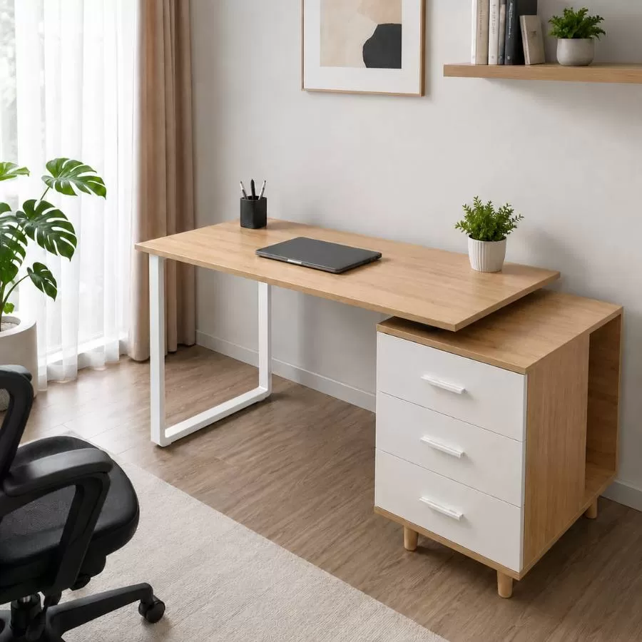 Bàn làm việc có hộc tủ chân gỗ HH000597 Fufutech màu gỗ sáng phối trắng