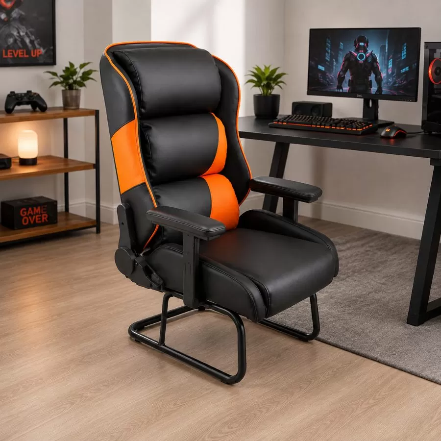 Ghế gaming chân quỳ HH000646 Fufutech đen phối cam trong góc setup chơi game
