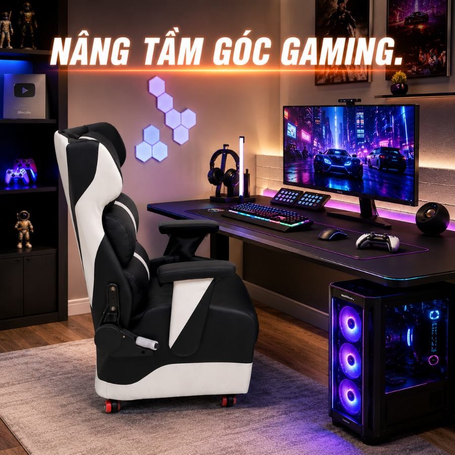 Ghế sofa gaming HH000645 trong góc setup gaming có đèn LED