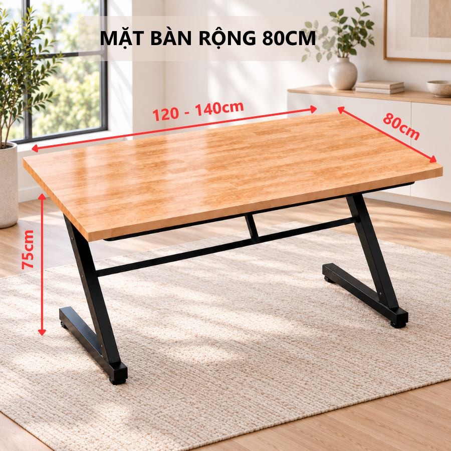 Mặt bàn rộng 80cm của bàn gỗ cao su chân chữ Z