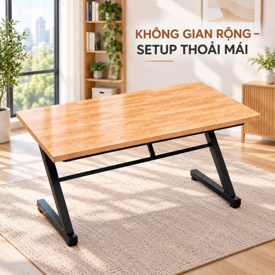 Bàn gỗ cao su rộng 80cm cho không gian rộng, setup thoải mái