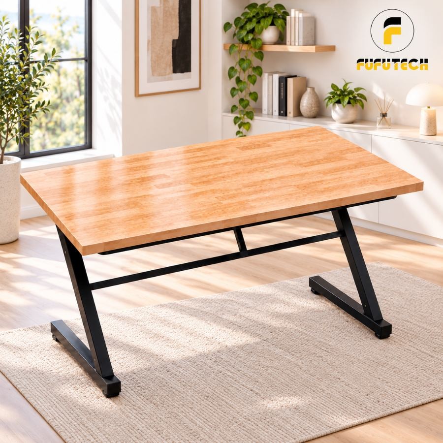 Bàn gỗ cao su chân chữ Z rộng 80cm Fufutech trong phòng làm việc sáng