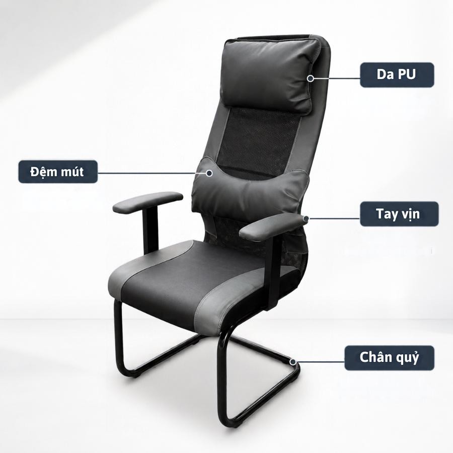 Cấu tạo ghế chân quỳ lưng cao HH000647: da PU, đệm mút, tay vịn, chân quỳ