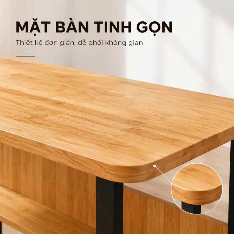 Chi tiết bo góc mềm mại của mặt bàn gỗ cao su U Campus