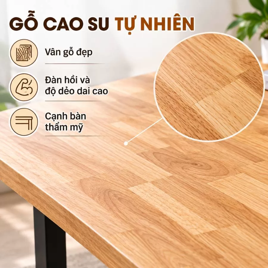 Cận cảnh vân gỗ cao su ghép thanh và cạnh bàn vuông của bàn bệt chữ U