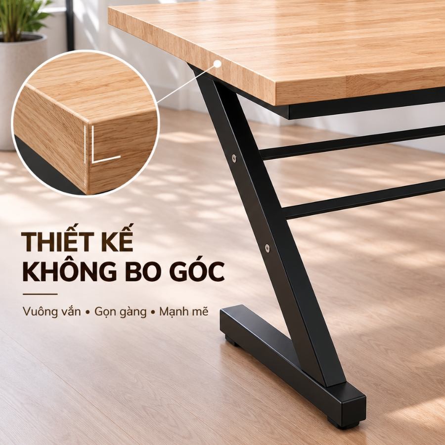Chi tiết góc vuông của mặt bàn gỗ cao su chân chữ Z
