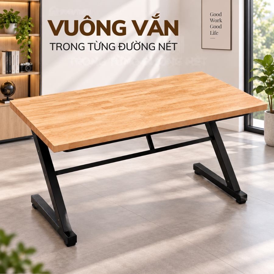 Đường nét vuông vắn của bàn gỗ cao su chân chữ Z rộng 80cm