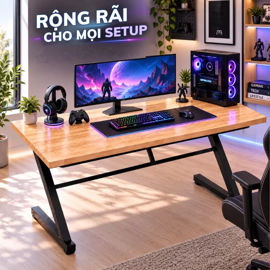 Bàn gỗ cao su rộng 80cm đủ chỗ cho setup gaming hai màn hình