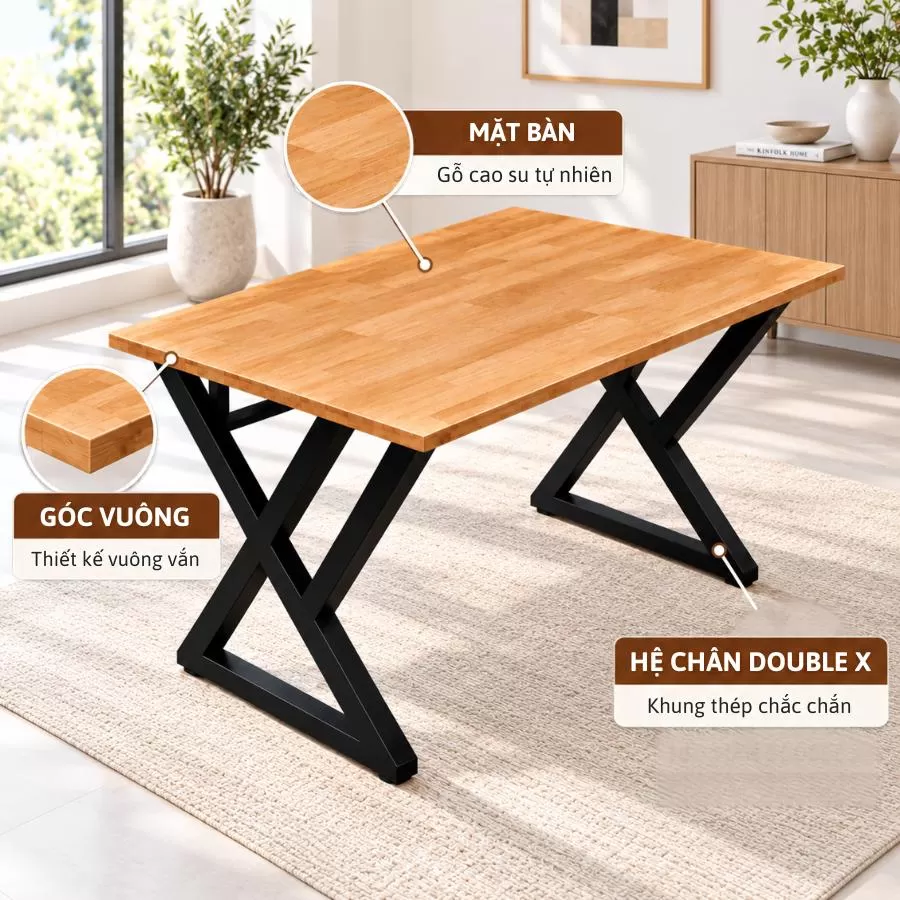 Bàn gỗ cao su chân Double X 80cm với mặt bàn gỗ tự nhiên và khung thép chắc chắn