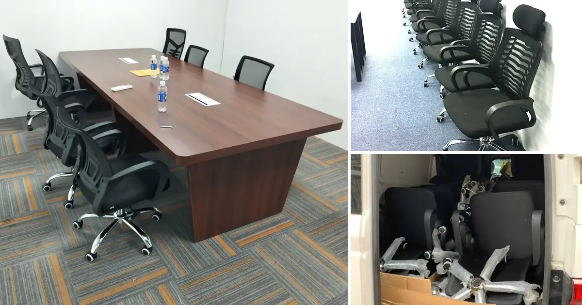 Ghế văn phòng GXL1 trong phòng họp của khách, hàng ghế FC02 tại kho và ghế GXL1 xếp lên xe giao hàng